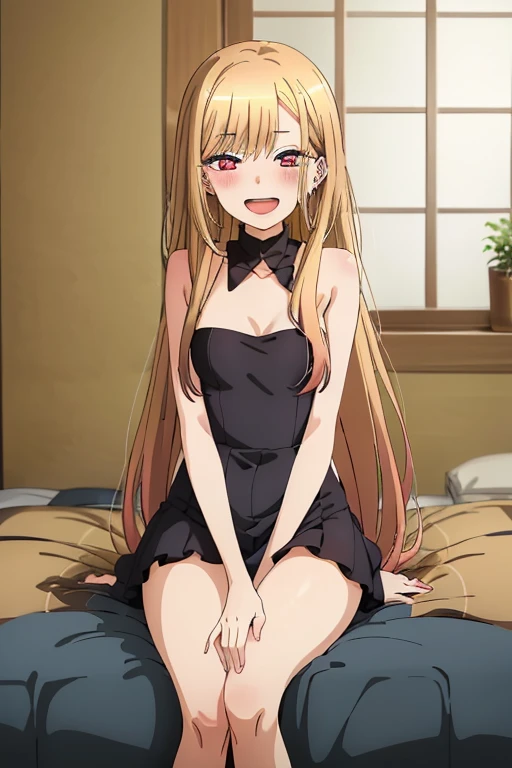 ((Best Quality)), ((masterpiece)), (be familiar with), Perfect Face, indoor, bedroom, Watching the audience,
One woman, Kitagawa Marin,
Open Mouth, Ecstatic expression, blush, smile,
Small breasts,  flat chest, , , , Girl,
Long Hair, Long Hair,
Leg spread,