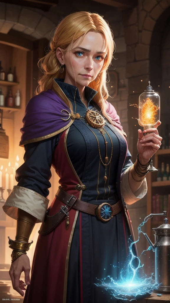 a middle aged alchemist professor, anime art style, detailed face, beautiful eyes, detailed clothing, detailed magical elements, cinematic lighting, vibrant colors, highly detailed, 8k, photorealistic