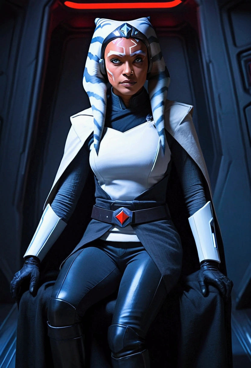 Aahsoka and red eyes sits confidently on a modern-looking chair. She is dressed in a white military uniform that includes a rank plate with 6 blue squares on the top and 6 red squares on the bottom. She is wearing a black cape that falls over one of her shoulders. Her expression is serious but relaxed, with a slight smile. The . The lighting is dim, with lights in red and blue tones that highlight hegure, especially her face. She is wearing black gloves and tall boots, with one leg crossed over the other. The scene conveys authority and power, set in a futuristic or space environment, probably inside a ship or station. Everything is depicted in a comic-like drawing style, with bold lines and vibrant colors that reflect a typical comic book aesthetic.
