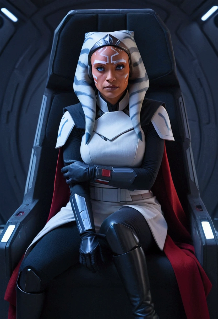 Aahsoka and red eyes sits confidently on a modern-looking chair. She is dressed in a white military uniform that includes a rank plate with 6 blue squares on the top and 6 red squares on the bottom. She is wearing a black cape that falls over one of her shoulders. Her expression is serious but relaxed, with a slight smile. The . The lighting is dim, with lights in red and blue tones that highlight hegure, especially her face. She is wearing black gloves and tall boots, with one leg crossed over the other. The scene conveys authority and power, set in a futuristic or space environment, probably inside a ship or station. Everything is depicted in a comic-like drawing style, with bold lines and vibrant colors that reflect a typical comic book aesthetic.
