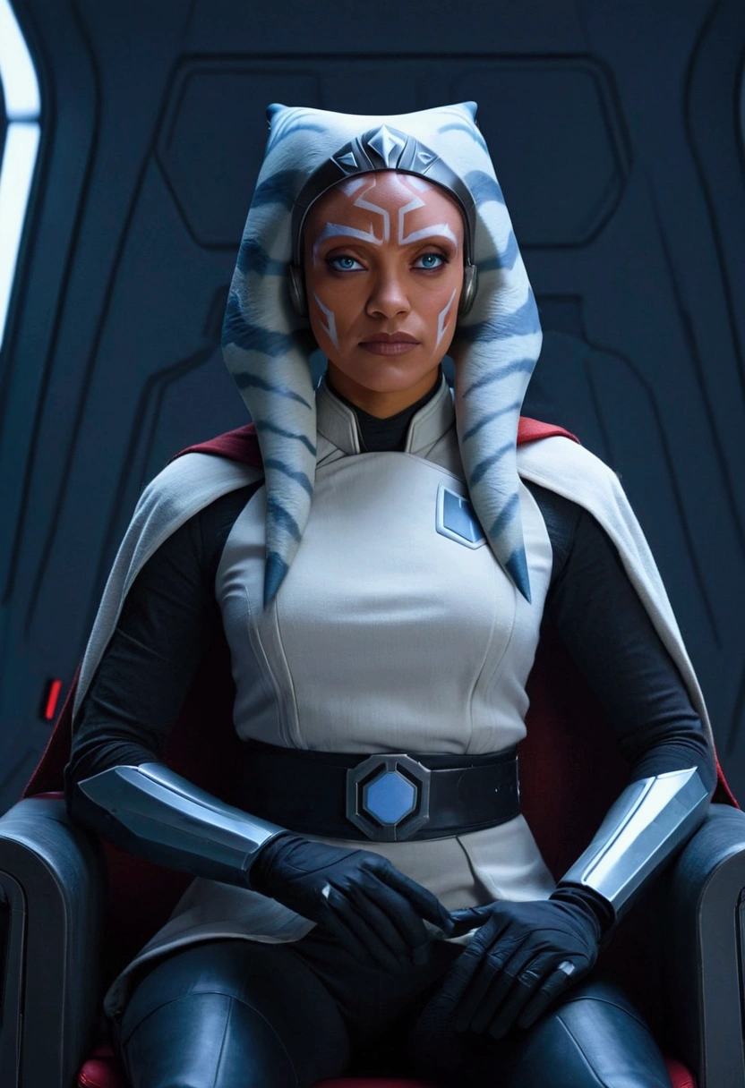 Aahsoka and red eyes sits confidently on a modern-looking chair. She is dressed in a white military uniform that includes a rank plate with 6 blue squares on the top and 6 red squares on the bottom. She is wearing a black cape that falls over one of her shoulders. Her expression is serious but relaxed, with a slight smile. The . The lighting is dim, with lights in red and blue tones that highlight hegure, especially her face. She is wearing black gloves and tall boots, with one leg crossed over the other. The scene conveys authority and power, set in a futuristic or space environment, probably inside a ship or station. Everything is depicted in a comic-like drawing style, with bold lines and vibrant colors that reflect a typical comic book aesthetic.
