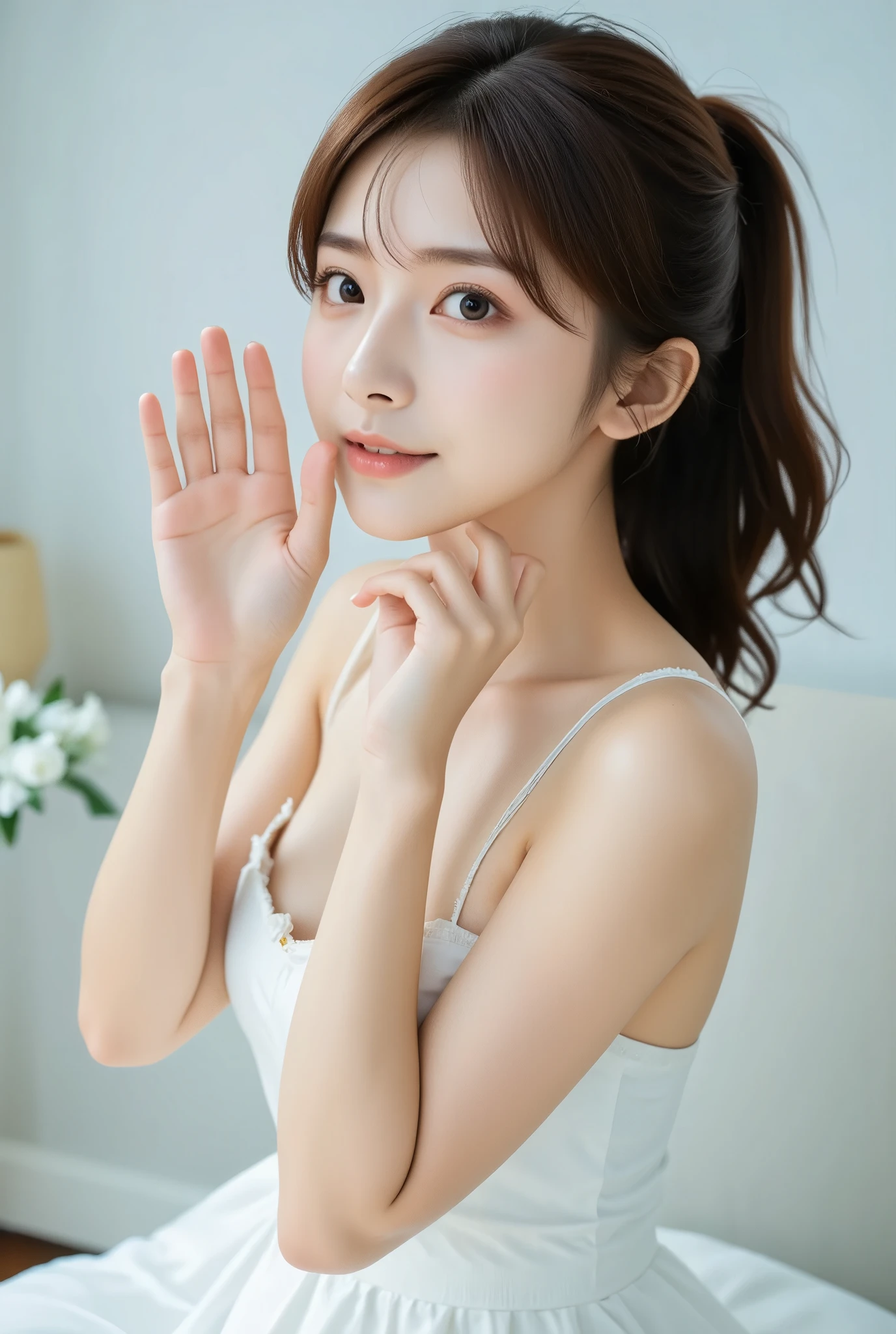 A close-up photo of an East-Asian slender woman ((with her hair tied in a ponytail))) and smiling, wearing  a white summer dress, and her both hands waving in fornt of the camera