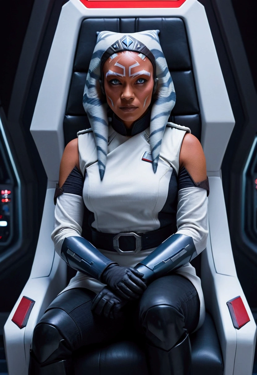 Aahsoka and red eyes sits confidently on a modern-looking chair. She is dressed in a white military uniform that includes a rank plate with 6 blue squares on the top and 6 red squares on the bottom. She is wearing a black cape that falls over one of her shoulders. Her expression is serious but relaxed, with a slight smile. The . The lighting is dim, with lights in red and blue tones that highlight hegure, especially her face. She is wearing black gloves and tall boots, with one leg crossed over the other. The scene conveys authority and power, set in a futuristic or space environment, probably inside a ship or station. Everything is depicted in a comic-like drawing style, with bold lines and vibrant colors that reflect a typical comic book aesthetic.
