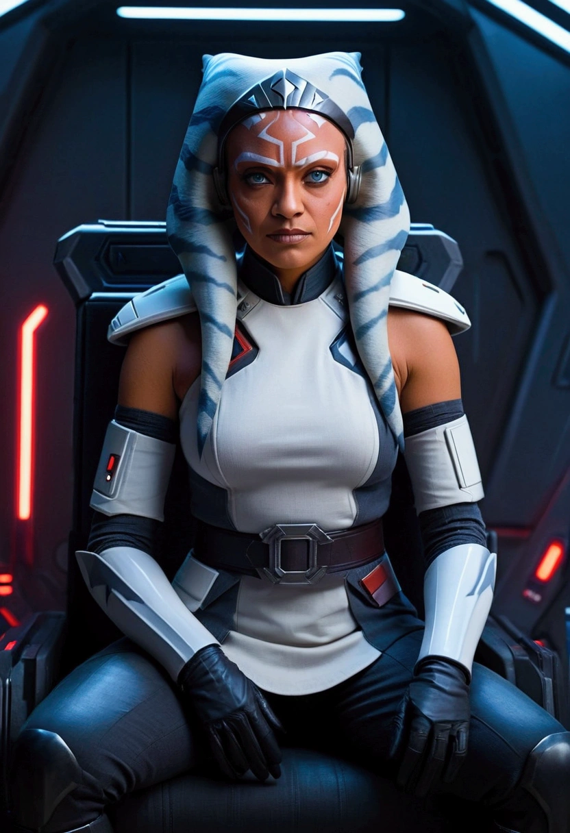 Aahsoka and red eyes sits confidently on a modern-looking chair. She is dressed in a white military uniform that includes a rank plate with 6 blue squares on the top and 6 red squares on the bottom. She is wearing a black cape that falls over one of her shoulders. Her expression is serious but relaxed, with a slight smile. The . The lighting is dim, with lights in red and blue tones that highlight hegure, especially her face. She is wearing black gloves and tall boots, with one leg crossed over the other. The scene conveys authority and power, set in a futuristic or space environment, probably inside a ship or station. Everything is depicted in a comic-like drawing style, with bold lines and vibrant colors that reflect a typical comic book aesthetic.
