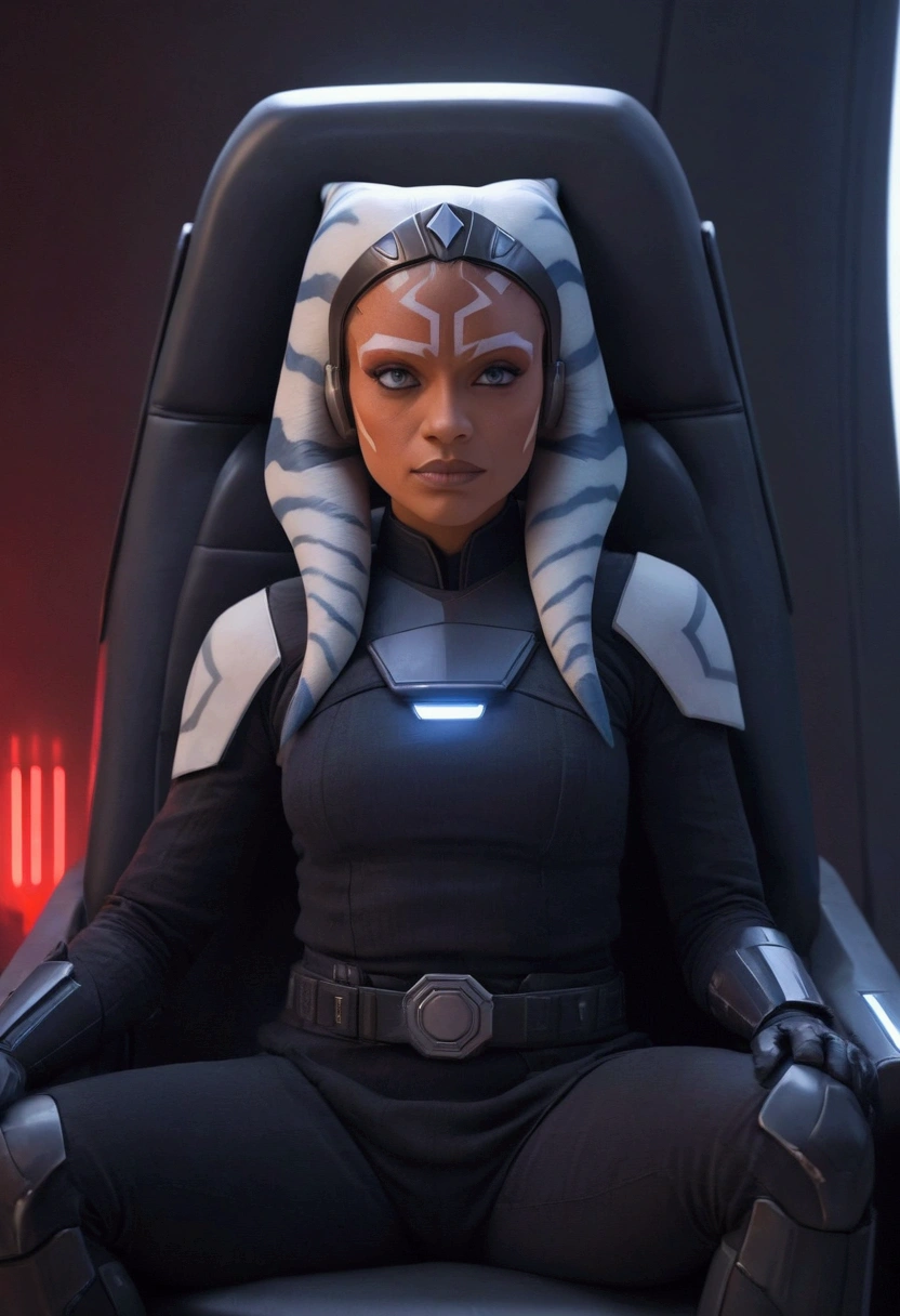 Aahsoka and red eyes sits confidently on a modern-looking chair. She is dressed in a white military uniform that includes a rank plate with 6 blue squares on the top and 6 red squares on the bottom. She is wearing a black cape that falls over one of her shoulders. Her expression is serious but relaxed, with a slight smile. The . The lighting is dim, with lights in red and blue tones that highlight hegure, especially her face. She is wearing black gloves and tall boots, with one leg crossed over the other. The scene conveys authority and power, set in a futuristic or space environment, probably inside a ship or station. Everything is depicted in a comic-like drawing style, with bold lines and vibrant colors that reflect a typical comic book aesthetic.
