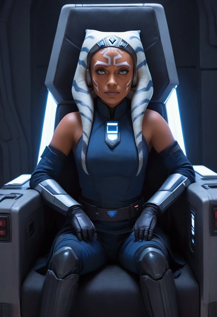 Aahsoka and red eyes sits confidently on a modern-looking chair. She is dressed in a white military uniform that includes a rank plate with 6 blue squares on the top and 6 red squares on the bottom. She is wearing a black cape that falls over one of her shoulders. Her expression is serious but relaxed, with a slight smile. The . The lighting is dim, with lights in red and blue tones that highlight hegure, especially her face. She is wearing black gloves and tall boots, with one leg crossed over the other. The scene conveys authority and power, set in a futuristic or space environment, probably inside a ship or station. Everything is depicted in a comic-like drawing style, with bold lines and vibrant colors that reflect a typical comic book aesthetic.
