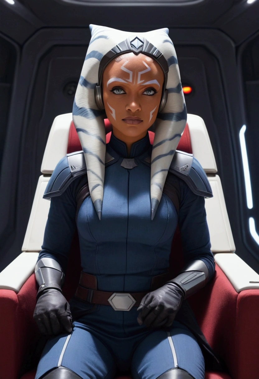 Aahsoka and red eyes sits confidently on a modern-looking chair. She is dressed in a white military uniform that includes a rank plate with 6 blue squares on the top and 6 red squares on the bottom. She is wearing a black cape that falls over one of her shoulders. Her expression is serious but relaxed, with a slight smile. The . The lighting is dim, with lights in red and blue tones that highlight hegure, especially her face. She is wearing black gloves and tall boots, with one leg crossed over the other. The scene conveys authority and power, set in a futuristic or space environment, probably inside a ship or station. Everything is depicted in a comic-like drawing style, with bold lines and vibrant colors that reflect a typical comic book aesthetic.
