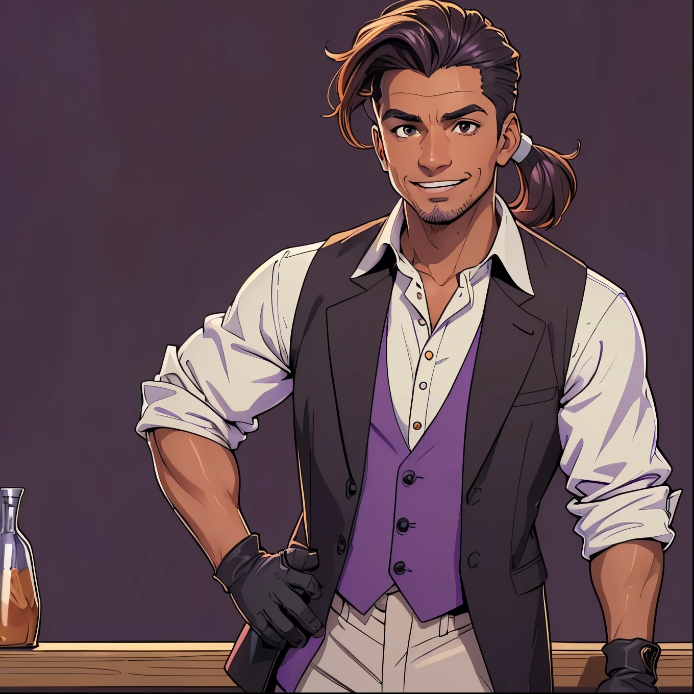 ((detailed)), solo Latino man, 25 years old, reddish-brown hair, ((short ponytail)), brown eyes, cocky smile, ((bar background)), ((black unbuttoned shirt)), ((rolled up sleeves)), ((purple dress vest)) ((white dress pants)), (((black finger-less gloves))), muscular, ((tanned skin)), handsome