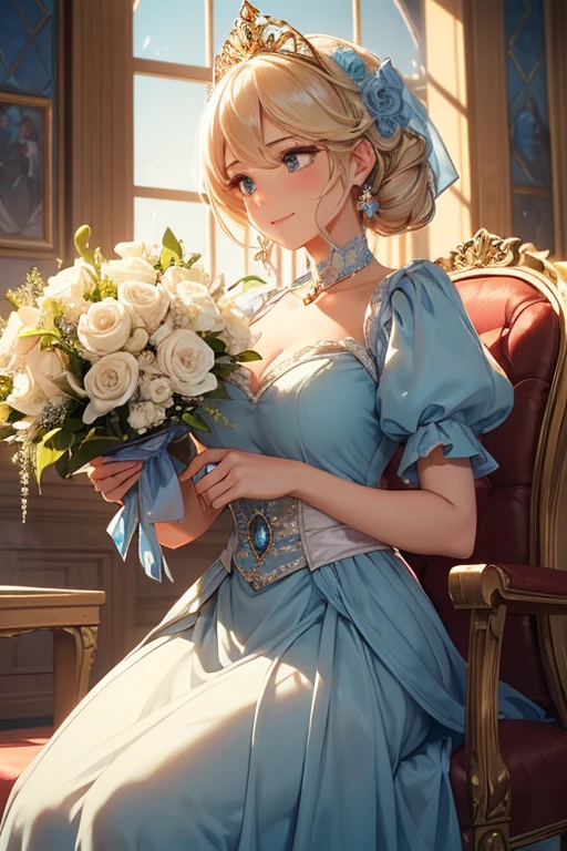 Woman in blue dress holding bouquet of flowers, inspired by Jean-François de Troyes, Marie Antoinette, inspired by Jean-Marc Nattier, blonde princess, rococo queen, With an elegant smile, beautiful girl, inspired by Jean-Louis-Ernest Meissonier, Portrait in the Rococo style, beautiful and smiling