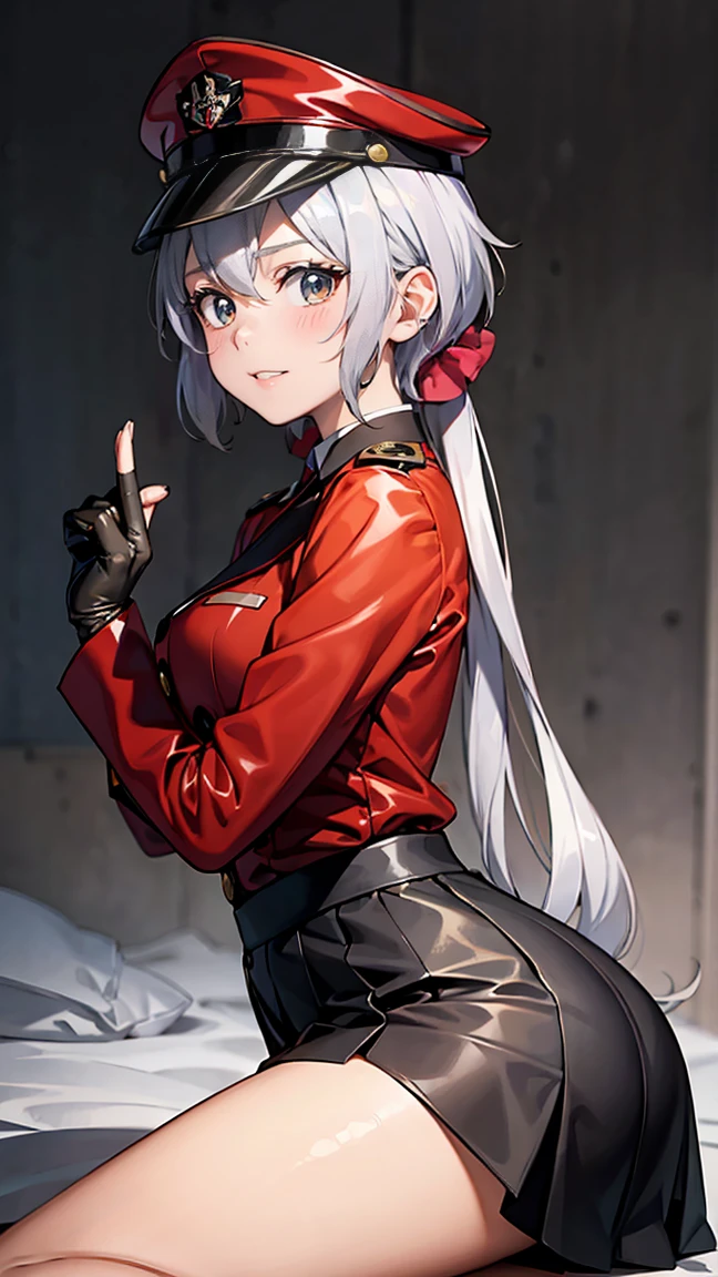 最High image quality, masterpiece, 32K、 very detailed、1 girl, Yukine Chris,Silver hair twintails, Japanese Woman 、Silver military uniform のコスチューム、Luxury, Futuristic,  sexy costume, T-bag、The butt is attractive、Black military uniform、US military uniform hat、Silver military uniform 、Class seal、Silver military uniform の帽子をかぶる(military uniform hat),  roll up the skirt to show 、 roll up the skirt with both hands 、Cute face, (photo :1.3), Edge Lighting, (Skin with attention to detail:1.2), 8k超 high res,  SLR Camera , High image quality,  high res, 4K, 8k,  optimal ratio of fingers to one thumb, (:1.3), cute 1 girl, Realistic、Super Realistic、32K、 very detailed、masterpiece, 最High image quality, Beautiful girls, Beauty、 gorgeous girl, big , big Ass, Narrow waist, Spread your legs, Plenty of facial detail, Future City,  very detailedな,  high res, masterpiece, High image quality,  high res, 