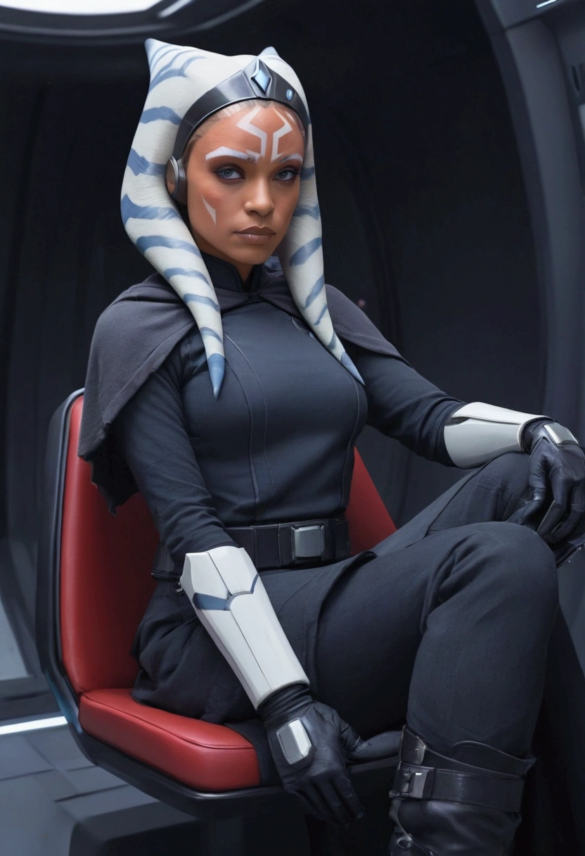 Aahsoka and red eyes sits confidently on a modern-looking chair. She is dressed in a white military uniform that includes a rank plate with 6 blue squares on the top and 6 red squares on the bottom. She is wearing a black cape that falls over one of her shoulders. Her expression is serious but relaxed, with a slight smile. The . The lighting is dim, with lights in red and blue tones that highlight hegure, especially her face. She is wearing black gloves and tall boots, with one leg crossed over the other. The scene conveys authority and power, set in a futuristic or space environment, probably inside a ship or station. Everything is depicted in a comic-like drawing style, with bold lines and vibrant colors that reflect a typical comic book aesthetic.
