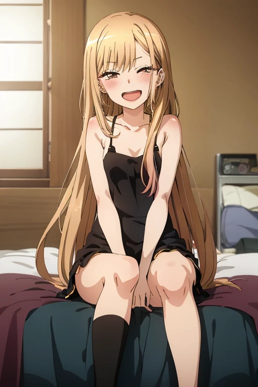 ((Best Quality)), ((masterpiece)), (be familiar with), Perfect Face, indoor, bedroom, Watching the audience,
One woman, Kitagawa Marin,
Open Mouth, Ecstatic expression, blush, smile,
Small breasts,  flat chest, , , , Girl,
Long Hair, Long Hair,
Leg spread,