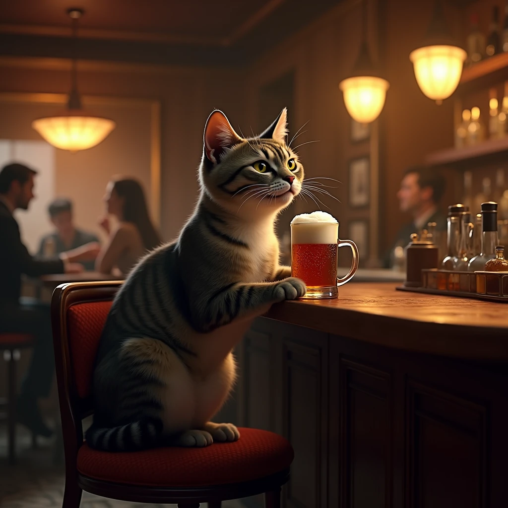 The protagonist cat at the bar counter, surrounded by empty glasses, looking very tipsy but happy.