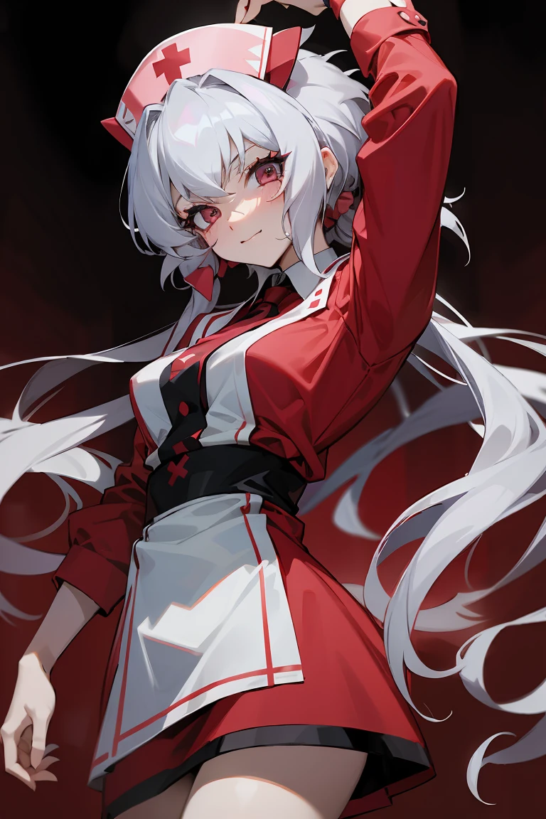 Silver hair twintails,Yukine Chris,Alluring , nurse、Punk Fashion、Headbanging 、Red clothes、LOL、sharp、