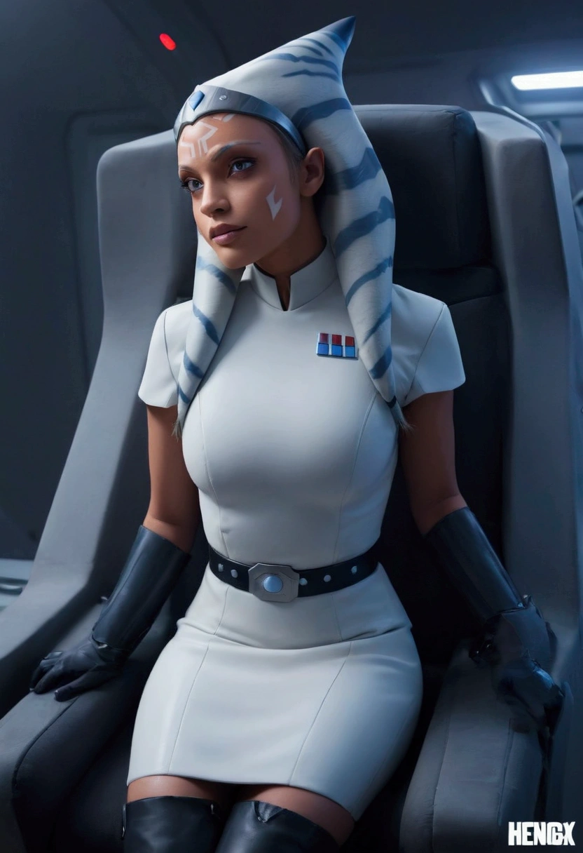 Aahsoka and red eyes sits confidently on a modern-looking chair. She is dressed in a white latex military uniform that includes a rank plate with 6 blue squares on the top and 6 red squares on the bottom. She is wearing a black cape that falls over one of her shoulders. Her expression is serious but relaxed, with a slight smile. The . The lighting is dim, with lights in red and blue tones that highlight hegure, especially her face. She is wearing black gloves and tall boots, with one leg crossed over the other. The scene conveys authority and power, set in a futuristic or space environment, probably inside a ship or station. Everything is depicted in a comic-like drawing style, with bold lines and vibrant colors that reflect a typical comic book aesthetic.
