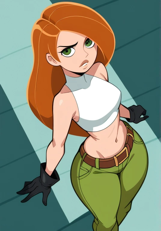  score_9, score_8_above, score_7_above, score_6_above, score_5_above, score_4_above, Kim_possible ,1 girl,Alone,long hair, black gloves,belly button,green eyes,Diafragma,belt, green pants ,orange hair,black cropped blouse,high neck,Room,Room background,COWBOY SHOT, large thighs 