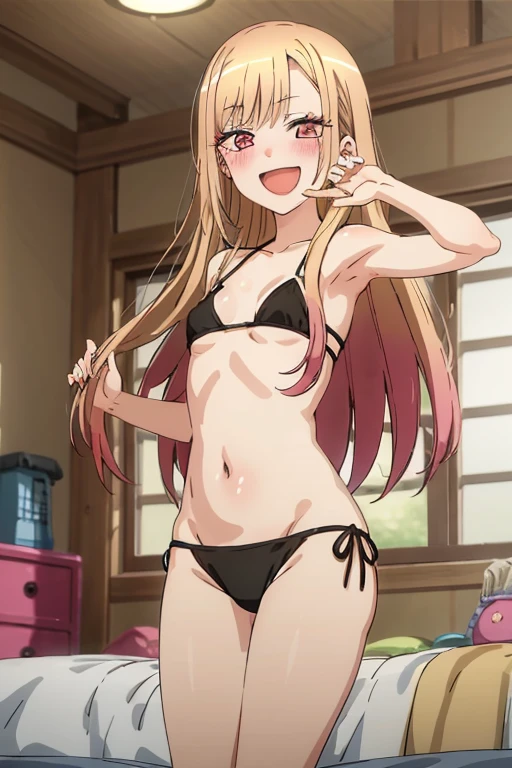 score_9, score_8_up, score_7_up, source_anime, 1girl, solo, zero_two_\(darling_in_the_franxx\), pink_hair, horns, hairband, white_hairband, green_eyes,bangs, red and white striped bikini, detailed face, detailed eyes, embarrassed face, grin, hands on hip, standing, classroom, blackboard, cowboy shot, bokeh, masterpiece, best quality, super detail