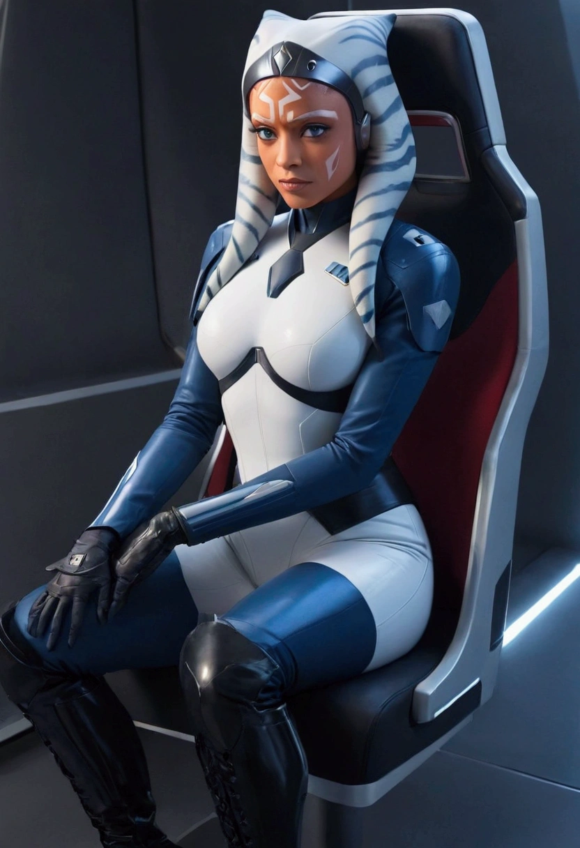 Aahsoka and red eyes sits confidently on a modern-looking chair. She is dressed in a white latex military uniform that includes a rank plate with 6 blue squares on the top and 6 red squares on the bottom. She is wearing a black cape that falls over one of her shoulders. Her expression is serious but relaxed, with a slight smile. The . The lighting is dim, with lights in red and blue tones that highlight hegure, especially her face. She is wearing black gloves and tall boots, with one leg crossed over the other. The scene conveys authority and power, set in a futuristic or space environment, probably inside a ship or station. Everything is depicted in a comic-like drawing style, with bold lines and vibrant colors that reflect a typical comic book aesthetic.
