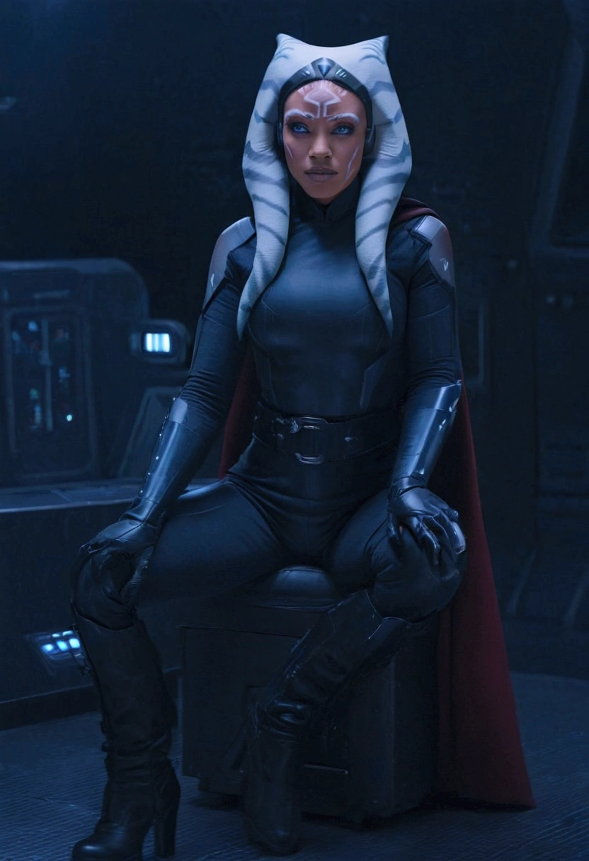 Aahsoka and red eyes sits confidently on a modern-looking chair. She is dressed in a white latex military uniform that includes a rank plate with 6 blue squares on the top and 6 red squares on the bottom. She is wearing a black cape that falls over one of her shoulders. Her expression is serious but relaxed, with a slight smile. The . The lighting is dim, with lights in red and blue tones that highlight hegure, especially her face. She is wearing black gloves and tall boots, with one leg crossed over the other. The scene conveys authority and power, set in a futuristic or space environment, probably inside a ship or station. Everything is depicted in a comic-like drawing style, with bold lines and vibrant colors that reflect a typical comic book aesthetic.
