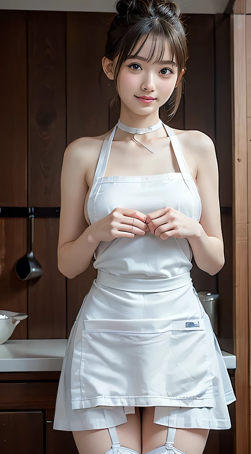 1girl, solo, nakano nino, pink hair, butterfly hair ornament, (naked:1.3), (white apron), large breasts, cleavage, thighs, cafe background, (blushing:1.3)