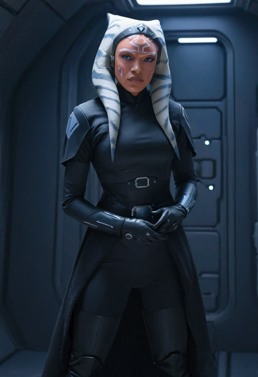 Aahsoka and red eyes sits confidently on a modern-looking chair. She is dressed in a white latex military uniform that includes a rank plate with 6 blue squares on the top and 6 red squares on the bottom. She is wearing a black cape that falls over one of her shoulders. Her expression is serious but relaxed, with a slight smile. The . The lighting is dim, with lights in red and blue tones that highlight hegure, especially her face. She is wearing black gloves and tall boots, with one leg crossed over the other. The scene conveys authority and power, set in a futuristic or space environment, probably inside a ship or station. Everything is depicted in a comic-like drawing style, with bold lines and vibrant colors that reflect a typical comic book aesthetic.
