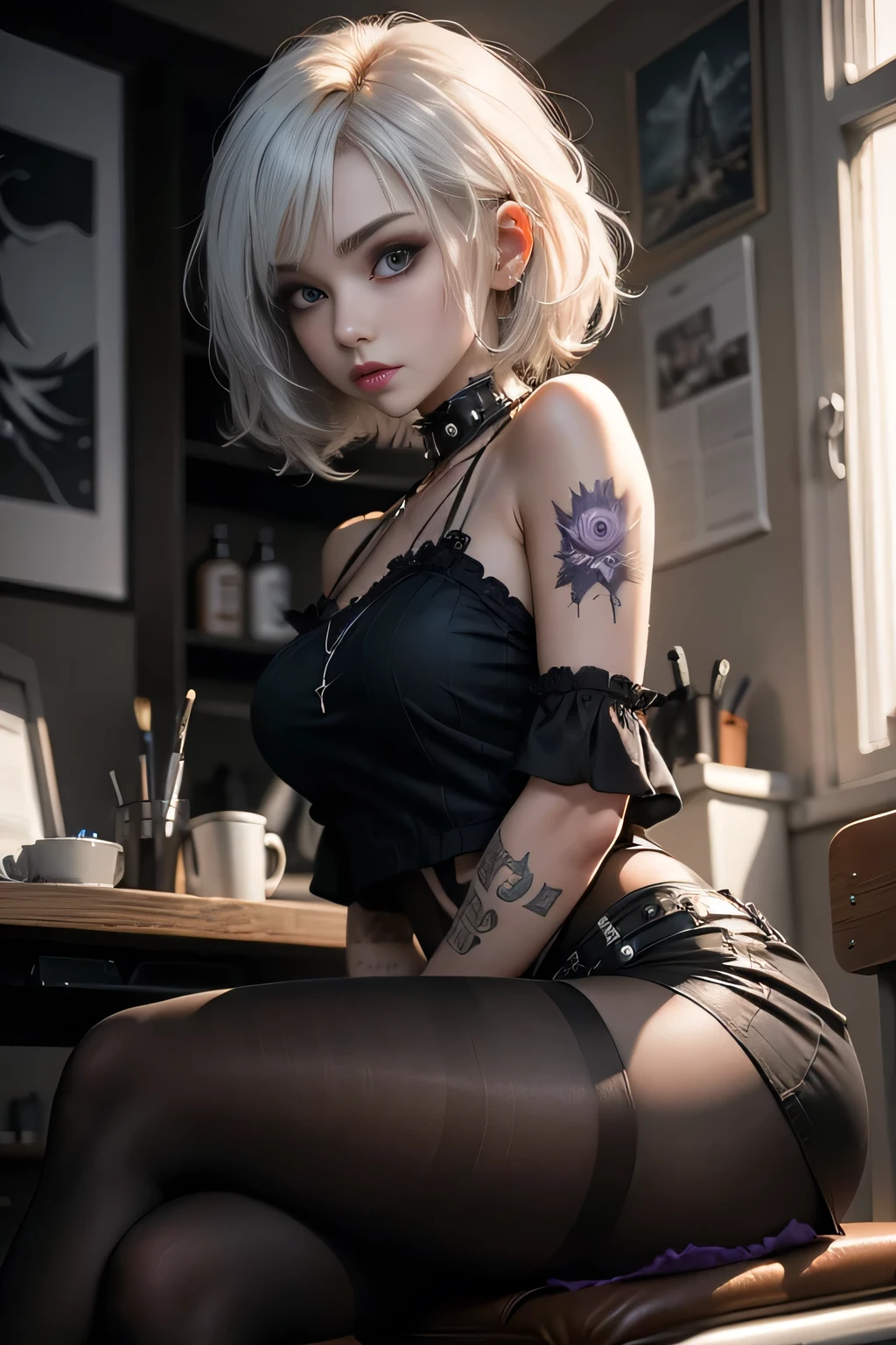 A gorgeous witch with white eyes, short hair, white red lipstick, posing on all fours in black and white lingerie on a queen-style bed with fire torchlight lighting around the room with depth effects;