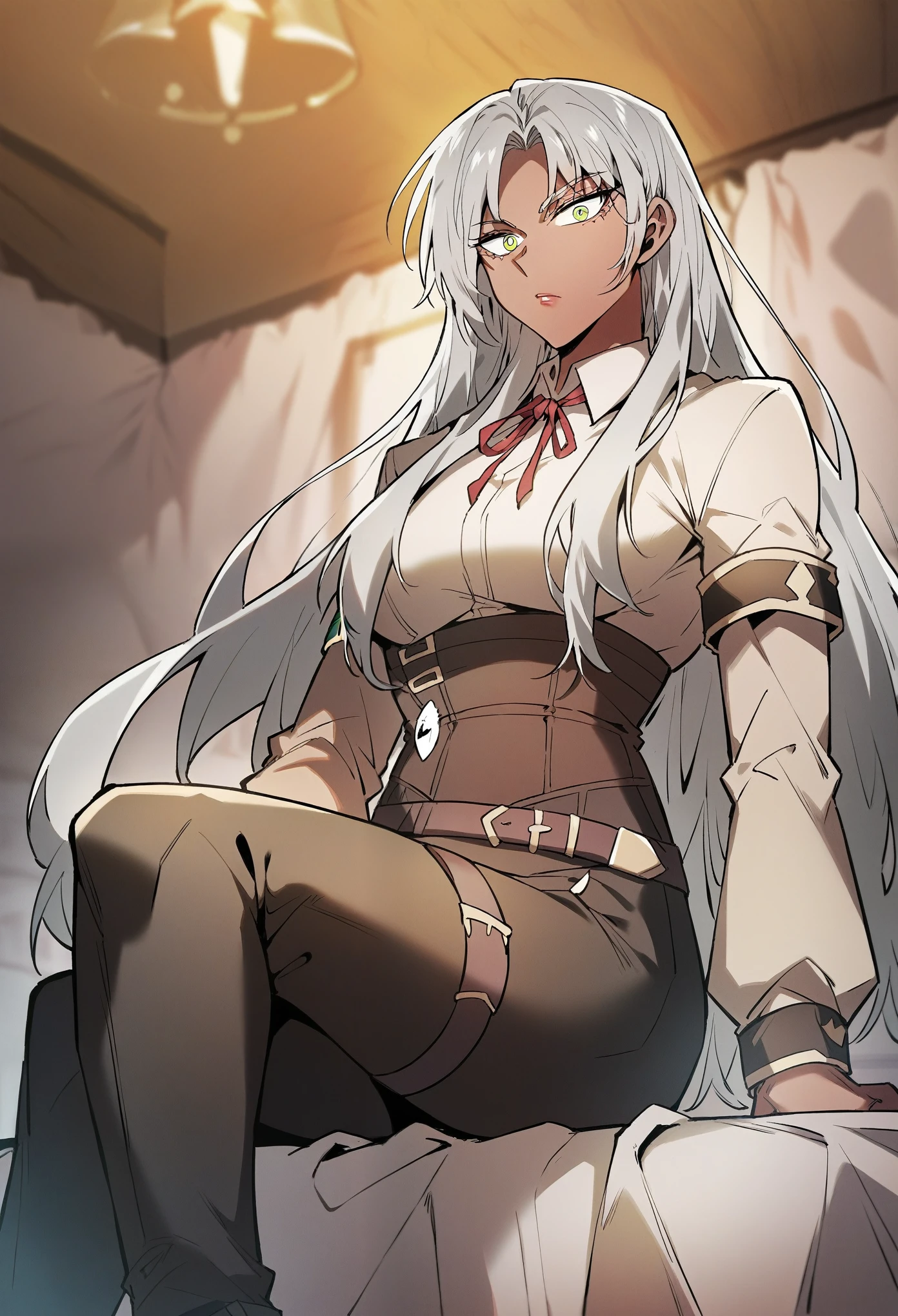 (solo:1.1), , long hair, grey hair, white hair, green eyes, dark skin, yellow eyes, dark-skinned female, parted bangs, clothes1, red ribbon, neck ribbon, white shirt, collared shirt, belt, long sleeves, armband, brown corset, black pants,looking at viewer,sitting on the bed,crossed legs,looking down on viewer
