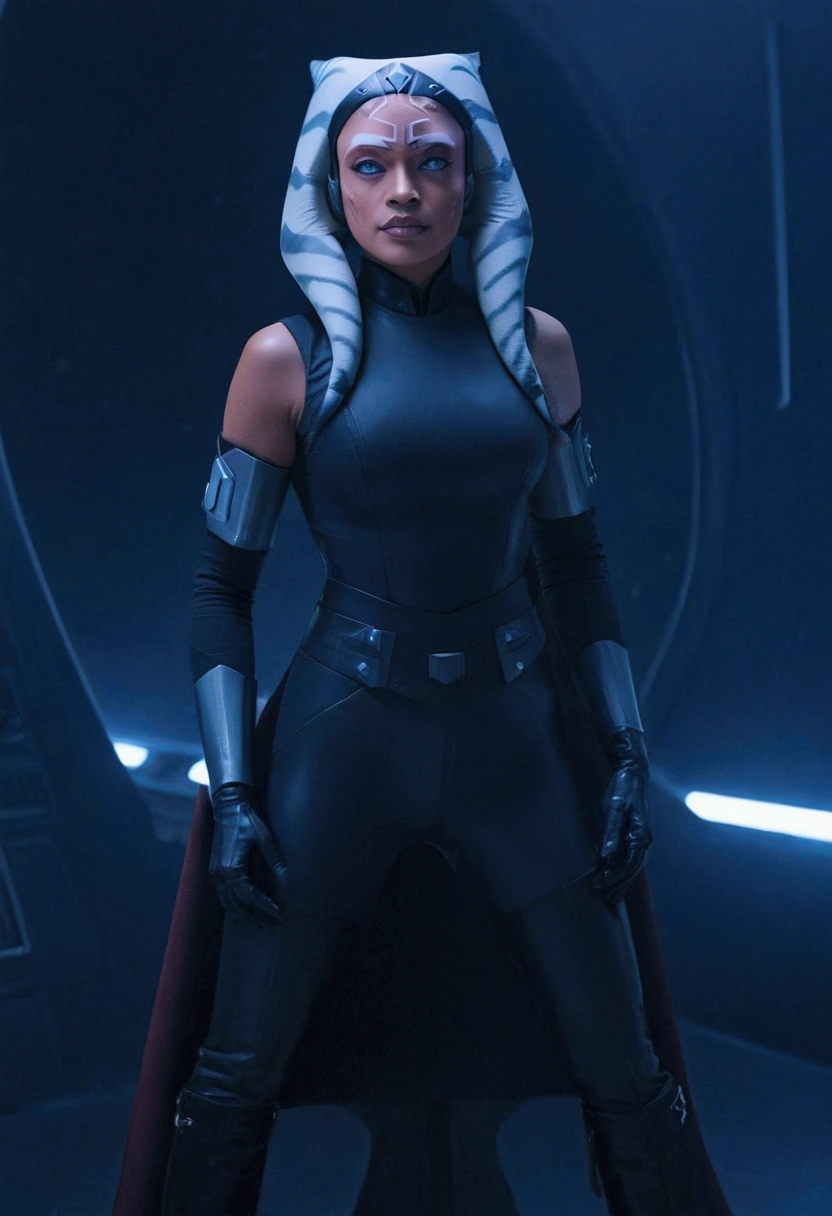 Aahsoka and glowing red eyes sits confidently on a modern-looking chair. She is dressed in a white latex military uniform that includes a rank plate with 6 blue squares on the top and 6 red squares on the bottom. She is wearing a black cape that falls over one of her shoulders. Her expression is serious but relaxed, with a slight smile. The . The lighting is dim, with lights in red and blue tones that highlight hegure, especially her face. She is wearing black gloves and tall boots, with one leg crossed over the other. The scene conveys authority and power, set in a futuristic or space environment, probably inside a ship or station. Everything is depicted in a comic-like drawing style, with bold lines and vibrant colors that reflect a typical comic book aesthetic.
