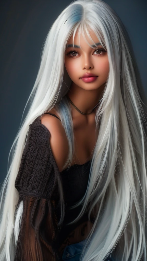 leogirl, cute dark skin 1girl, long tousled white hair, biting lips, seductive forward lean, delicate skin, delicate face, real, realistic, 1girl,white hair,blue background,upper body, (((dark skin))), (((white hair)))