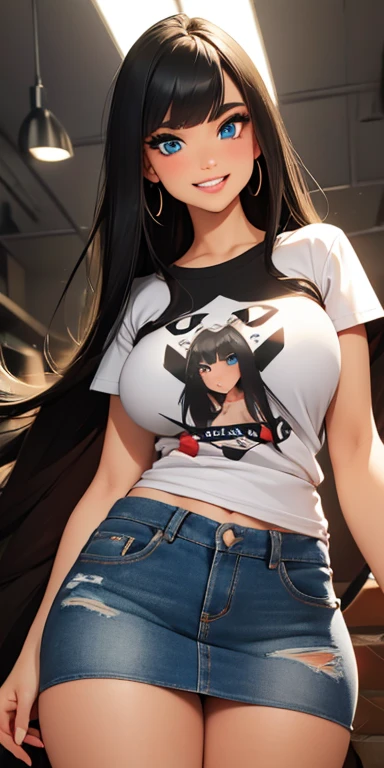 (best quality, ultra-detailed, photorealistic: 1.39),  bright and vibrant colors , studio lighting, romantic expression, An effeminate girl, large blue eyes , but well designed,  your skin is white and very pale . Your hair is black long , (Wear wide black shirt ripped t-shirt and denim miniskirt)dynamic pose,thick thighs, high definition, clear ,open smile,and way