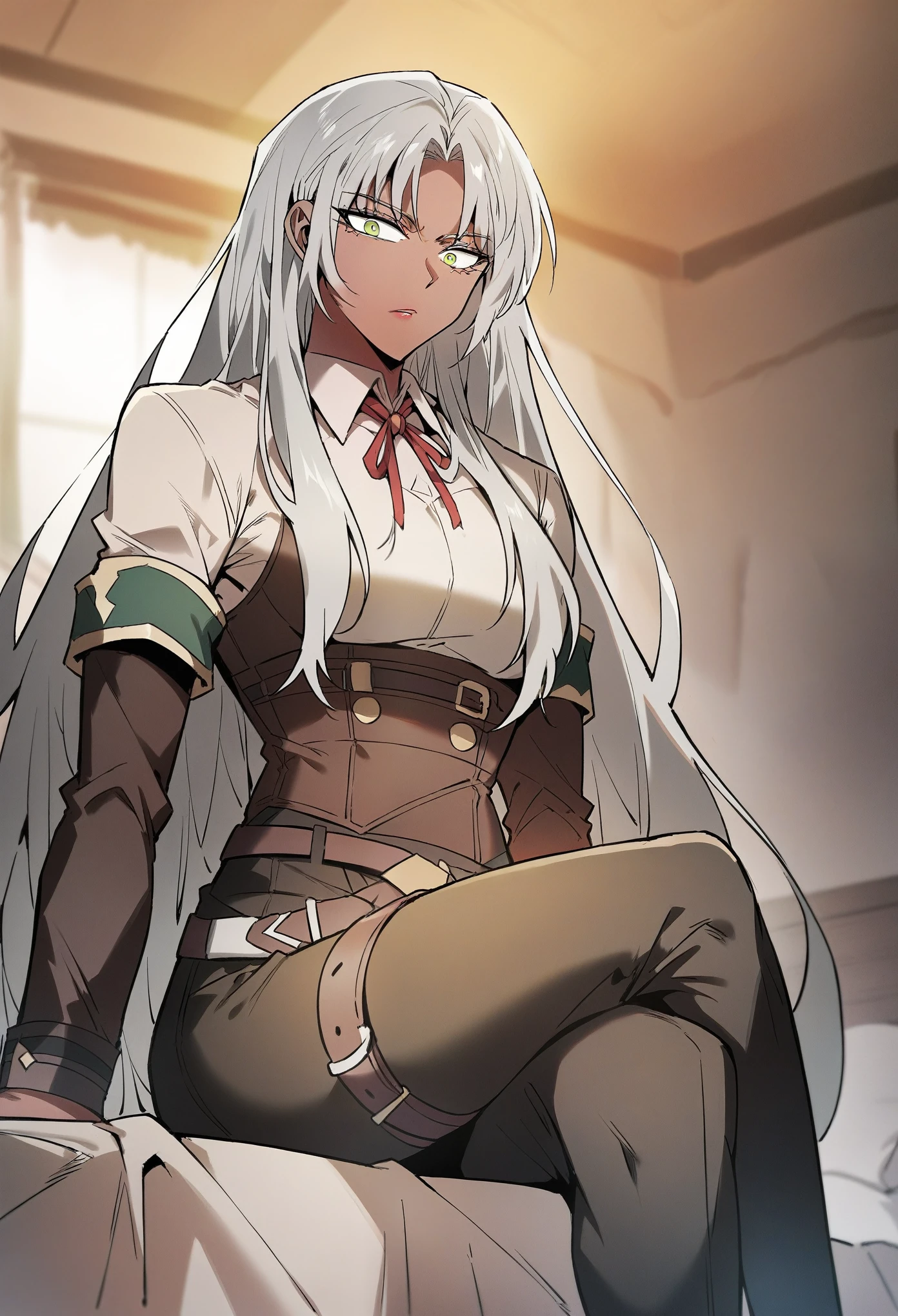 (solo:1.1), , long hair, grey hair, white hair, green eyes, dark skin, yellow eyes, dark-skinned female, parted bangs, clothes1, red ribbon, neck ribbon, white shirt, collared shirt, belt, long sleeves, armband, brown corset, black pants,looking at viewer,sitting on the bed,crossed legs,looking down on viewer
