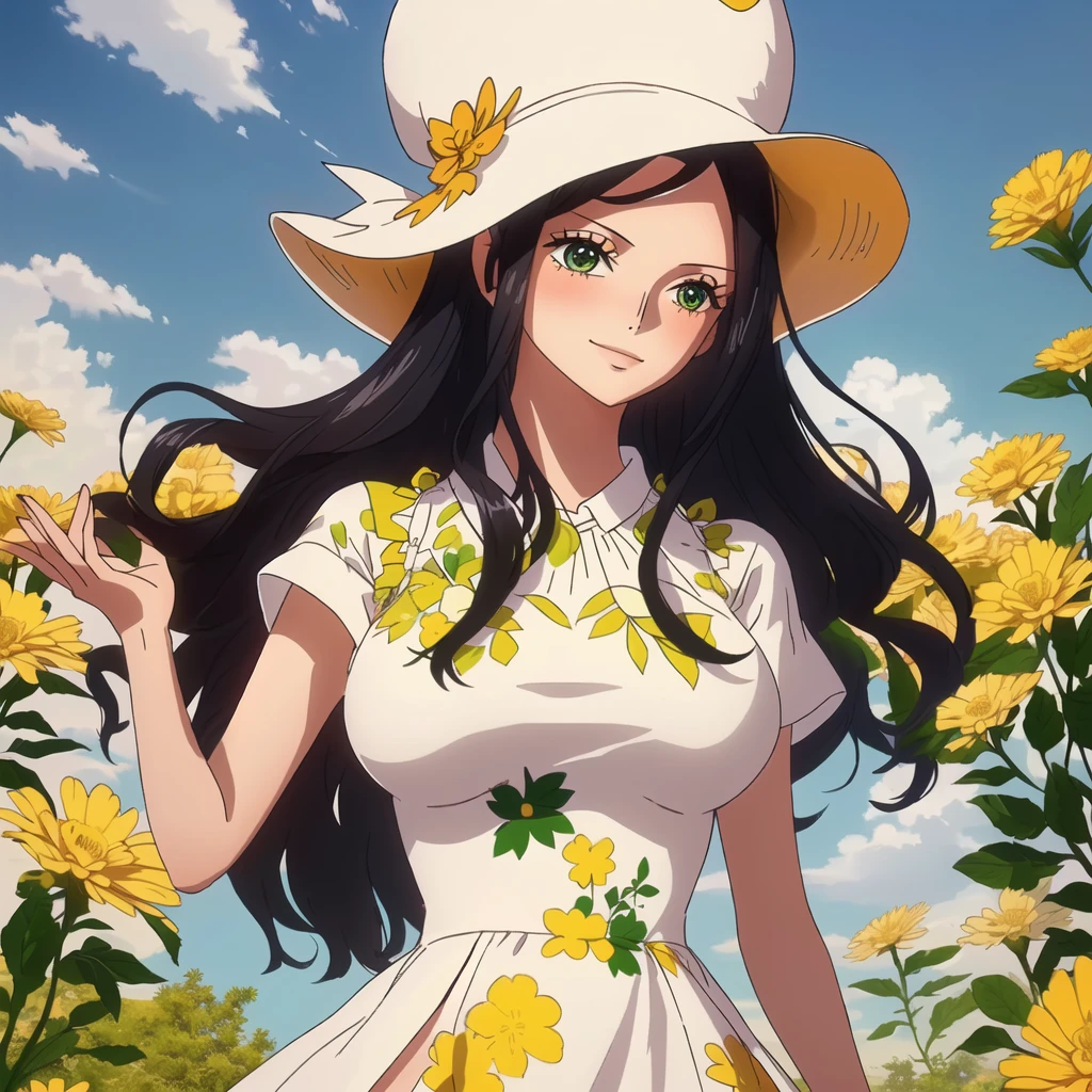 1 girl,  high resolution , long hair, Blush, brilliance, Action painting,  Anatomically correct , HD model, yellow dress,  strap dress, polka dot dress, dress with side slit, Underwear (panties), gray eyes, light skin, shiny hair, wavy hair, hair in the wind, big breasts, Shame on the nose, happy/happy, Raising eyebrows, bright eyes, sparkling pupils, Perspective, Vanishing point, simple background, Verdant skyline, garden, Alone, silhouette, Pillarboxed,  wide-brimmed hat ,  Yellow Mexican hat, yellow hat, high, Long jump, Anáglifo, Digital Art, 