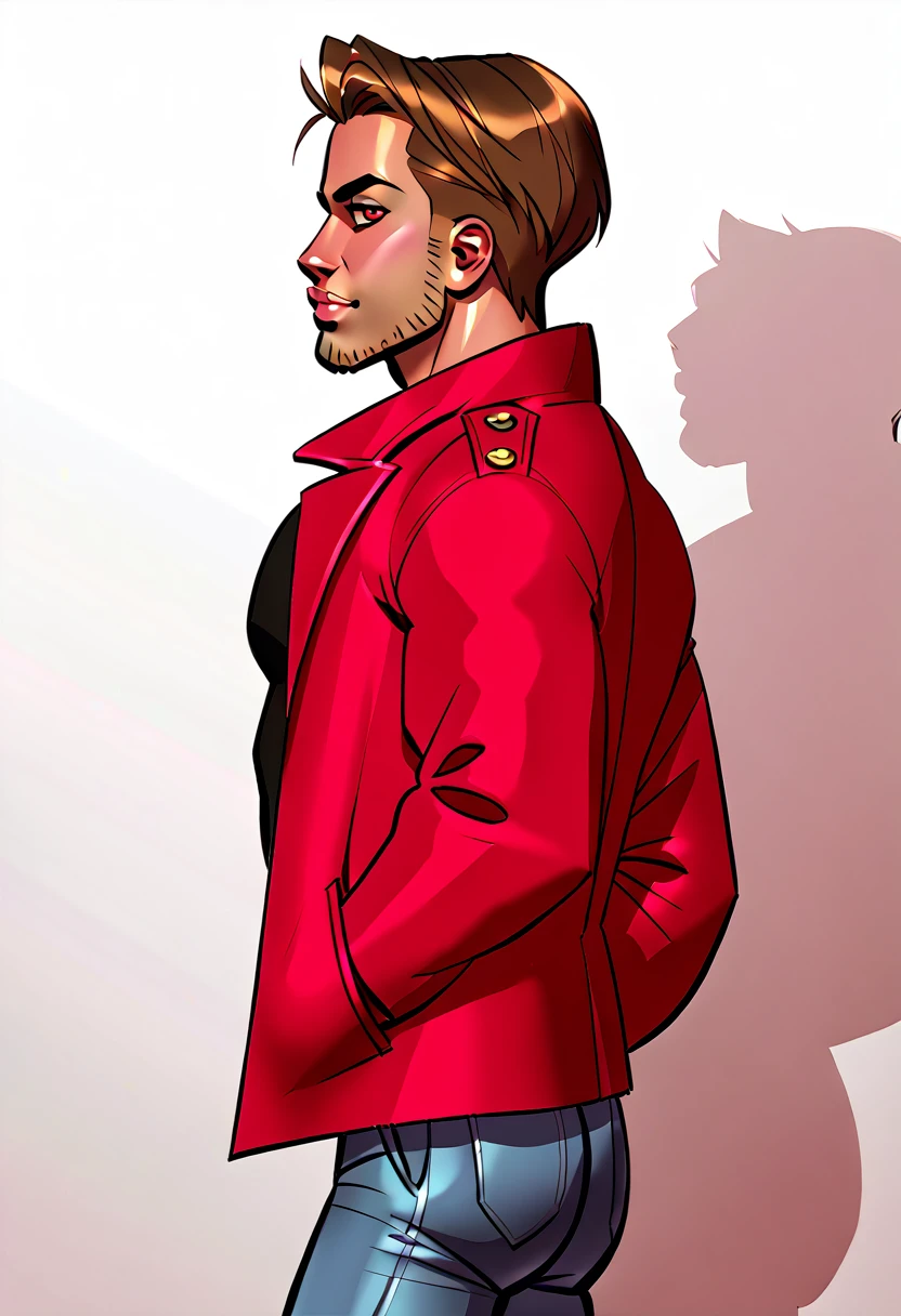 score_9, score_8_up, score_7_up, BREAK shadow, portrait, 1boy, solo,  dmc3dante, red coat, bandeau, pants, from behind, shaded face, hand in pocket, from side, glowing,