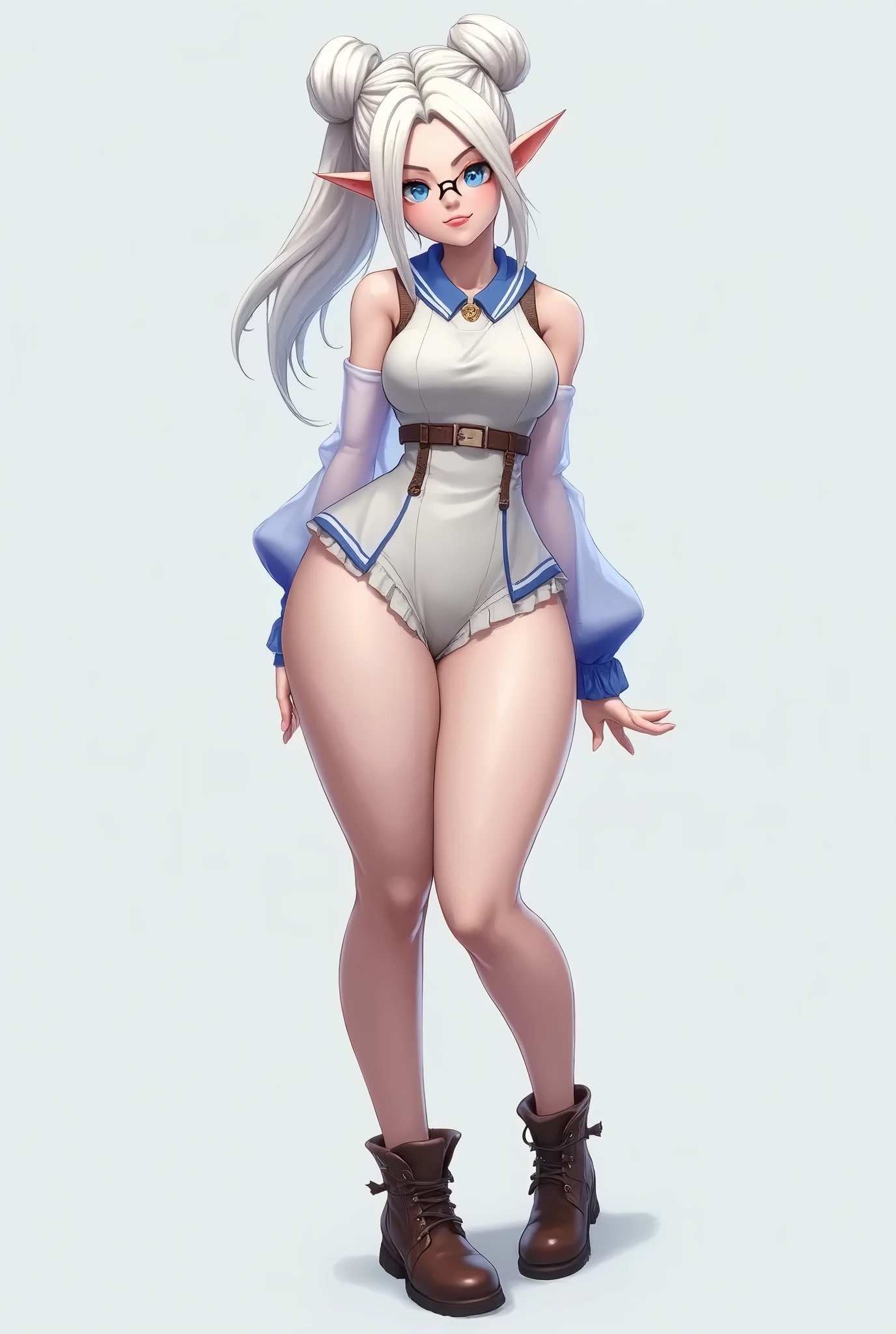 ((best quality)), ((masterpiece)), (detailed), perfect face, sailor outfit, white hair, blue eyes, thong shown, sexy, thigh high leggings, 16:9 aspect ratio, 4k, mini skirt, elf ears