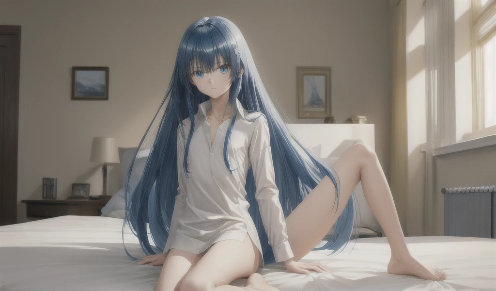 naked,A beautiful woman around 18 years old(light blue hair, Blue eyes, Glaring eyes, embarrassed face, messy hair, side ponytail, small breasts, boyish,naked,legs spread, The name is Suisei Hoshimachi ), lie on bed, bed room, Solo, from front, legs spread