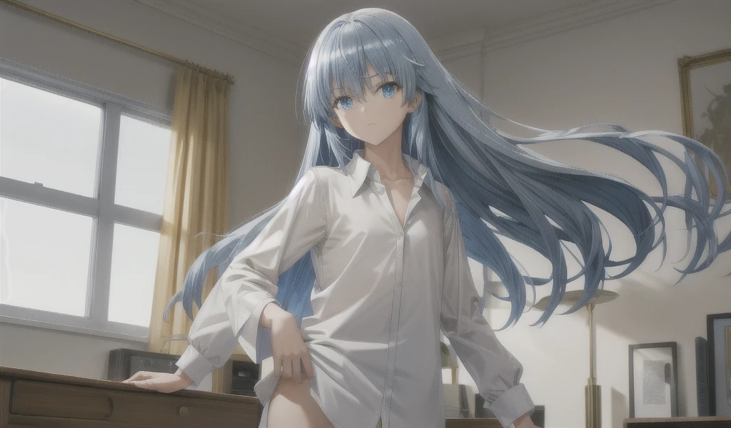 1 girl, alone, death, blue eyes, blue hair, long hair, smile, tank top, white shirt, bare shoulders, bare waist, black shorts, short shorts, black shoes, bare legs, tattoo on the chest, interior, bedroom, bed, looking at viewer, head on, point of view (from below), (cowboy photo: 1.5), (masterpiece: 1.2), best quality, high resolution, Unity 8k wallpaper, sexy body, (artwork: 0.8), (beautiful detailed eyes: 1.6), extremely detailed face, perfect lighting, extremely detailed CG (perfect hands, perfect ???????),