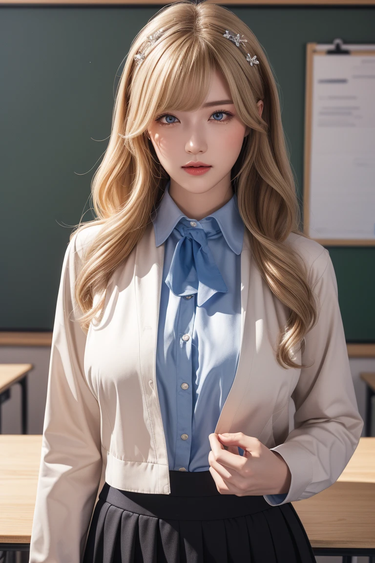 best quality, ultra high res, (photorealistic:1.4), 1girl, button shirt, black skirt, school, dark brown hair, breasts, (blonde hair:1.2), looking at viewer, (highly detailed face:1.1),, (PureErosFace_V1:0.8),tiktok,