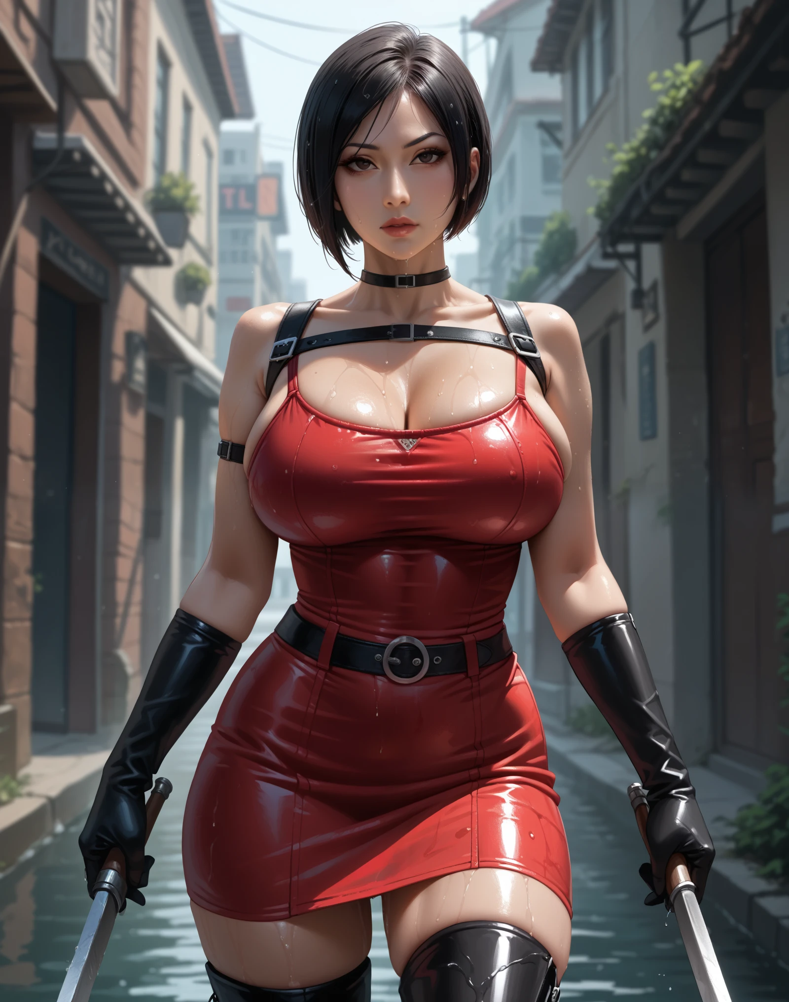 Digital illustration of a sexy female character with huge breasts Ada Wong with a confident posture. She has a fair skin tone, short straight black hair, and a serious facial expression. She is dripping wet dressed in a long-sleeved red dress, with black leather harness and gloves. The outfit is completed with a weapon cold on the right thigh and a scabbard, both attached to a black belt. She is also wearing thigh-high black leather boots. The background is solid black, making the character the focal point of the image, anime, anatomically correct, super detailed, high quality, 4K, high details, super detailed,