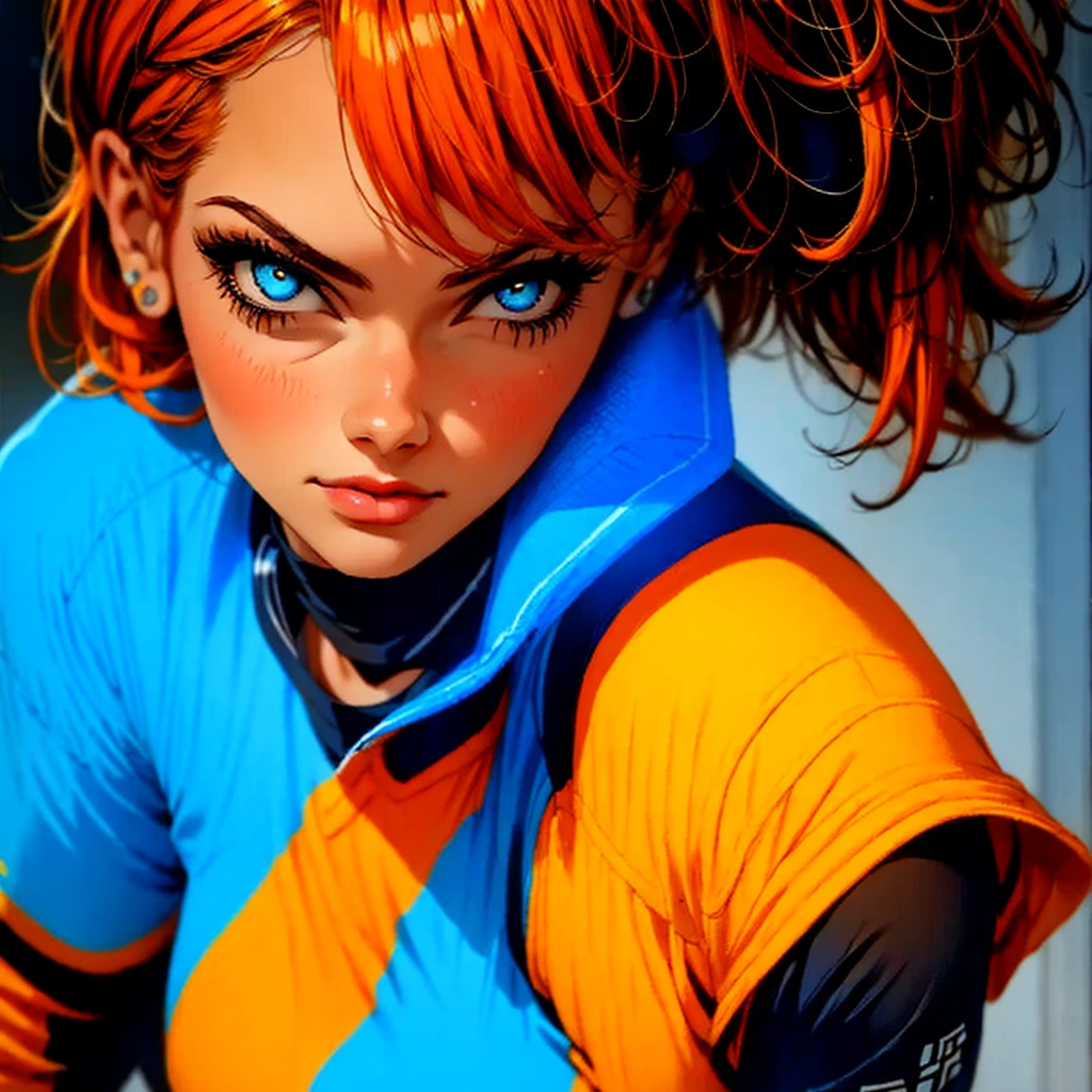 A girl with orange hair, with blue cyberpunk outfit, in a colorful meadow, at night