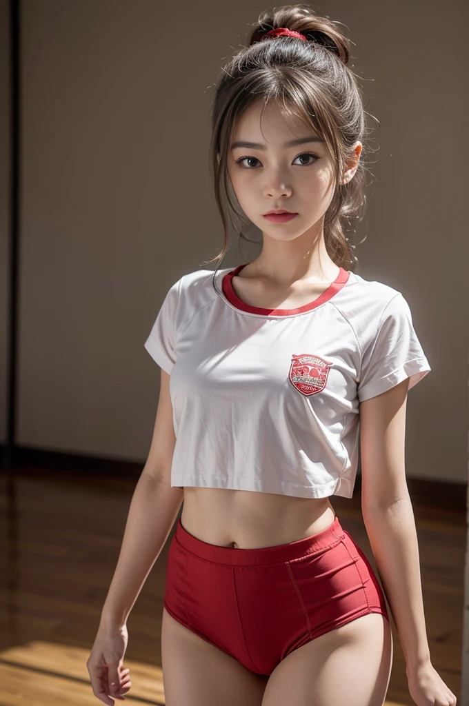 hightquality、masterpiece、ultra res、con、a beauty girl、Beautiful girl face、cute girl face、、school gym、Wearing gym clothes、full bodyesbian、Famous actresses of Japan、very beautiful face