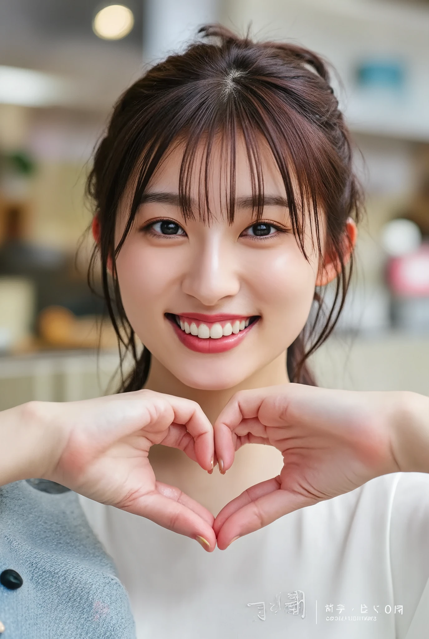 Use your hands to make a heart shape and smile brisly:2.0、Instagrammable:1.2 (Ultra-Accurate Human Anatomy, Best Quality、RAW Photos、8k、32K、masterpiece、Realistic、 photoreal:1.37)、Cute Japanese women images、Tank tops、Photographed in natural light、 upper body、1 girl、Photo Mapping、 Physically Based Rendering、Excellent image quality、 high res、1080P、(Beautiful Face)、(Detailed description of the face)、(Detailed explanation of the hand setter's muscle area)、(Detailed CG)、Rich details、(Stunning Features:1.35)、(Detailed eyes)、I look forward to your eyes、Delicate clavicle、Various poses、非常にリアルで詳細な若い女性の upper bodyポートレート。The skin is clear、A soft light reflects off the high points of the cheeks.、Fine pores and hair follicles、Even the thinnest blood vessels are visible。The skin is smooth、A natural flush to the cheeks、Gives off a healthy glow。The eyes are large and clear blue、The iris has a fine pattern、The light reflects off your eyes and shines。There is a slight shadow under the eye、Eyelashes are long and naturally curled。Her lips are a soft pink color、Smooth texture and natural shine、Reflects light slightly。The woman is wearing a simple white top.、The background is a faint monochromatic gradient.、焦点は完全に顔と upper bodyに当たっている。Realistic shadows and textures、The depiction is like a photograph.。