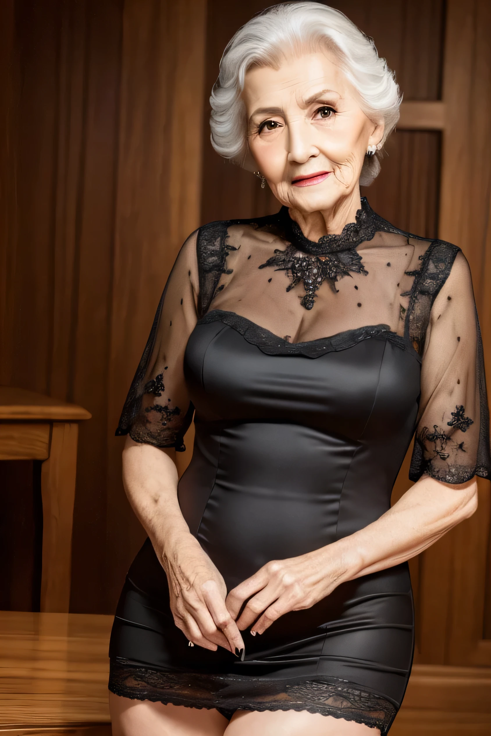 Redeem, masterpiece,  high res, Realistic, RAW Photos, 8K wallpaper, perfection, Professional Lighting,  very detailed, ((Beautiful old lady)), 80 years old, Sexy old woman, ((Sexy black mini dress)), ,  upper body, (( is staring at viewers&#39;eye)), Detailed face, Beautiful eye, ((I&#39; I'm looking forward to it )), In the stylish dining room, sunny, bangs, Shapely breasts,  short bob hair, Plump and glossy lips,  cowboy shot, (( place your arms between your legs))