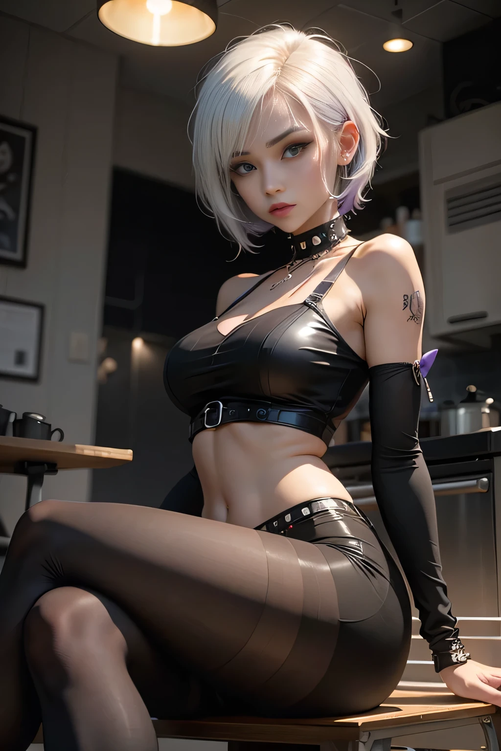 8K,最高masterpiece,One woman,Smile,30 years old,blue eyes,White Hair,Short Bob Hair,(Gothic Lolita),Dutch beauty,Ella Freya（Ella Freya),2b,  short hair, Knee socks, gloves, Long sleeve, dress, Holding,Slender figure, Cleavage, Small breasts, Gray Hair, hair band, boots, Puffy sleeves, black Knee socks, Black footwear, Mole, black dress, High heels, leotard, Clothing cutouts, thigh boots, Cleavage cutout, black hair band, Juliet Sleeve, high heel boots, Feather ornament sleeves, masterpiece,Dynamic Angle,skirt lift,Panty Shot,Cat ear,Dynamic Pose