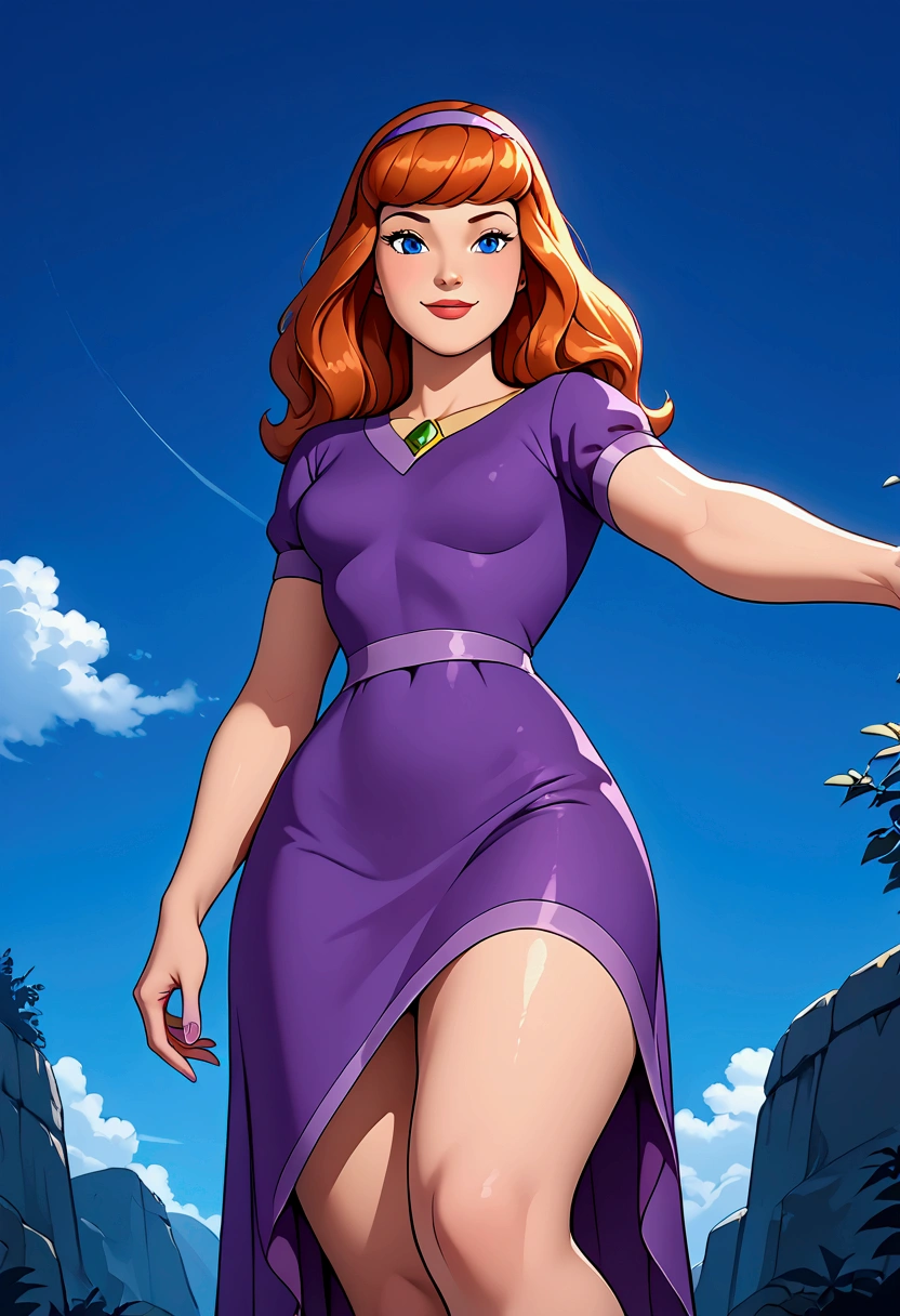 score_9, score_8_below,
Daphne Blake, 1 girl,Red hair,long hair, blue eyes, (:1.1), purple dress,Show black panties,exposed legs,thick thighs,Knee high, shiny oily skin ,wet legs,
Selfie,focus only,   Lee's half-closed eyes , smiling,  low angle portrait, 
night sky,take the key,magical glow