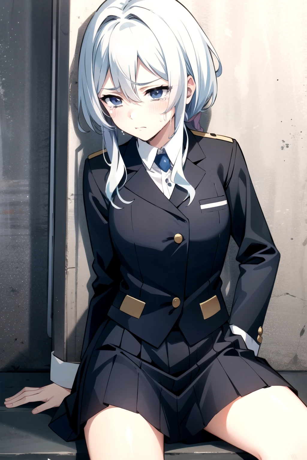(highest resolution, distinct_image), top quality, masterpiece, highly detailed, semi-realistic, black shoulder length hair woman, black pupil, mature woman, emperor's sister, sexy, short hair, triple bang, light blue uniform, light blue uniform jacket, soldier, light blue pleated skirt, military uniform, fighter front, futuristic, science fiction, space, lace panties, sitting , panty shots, spread legs, skirt, white panties,