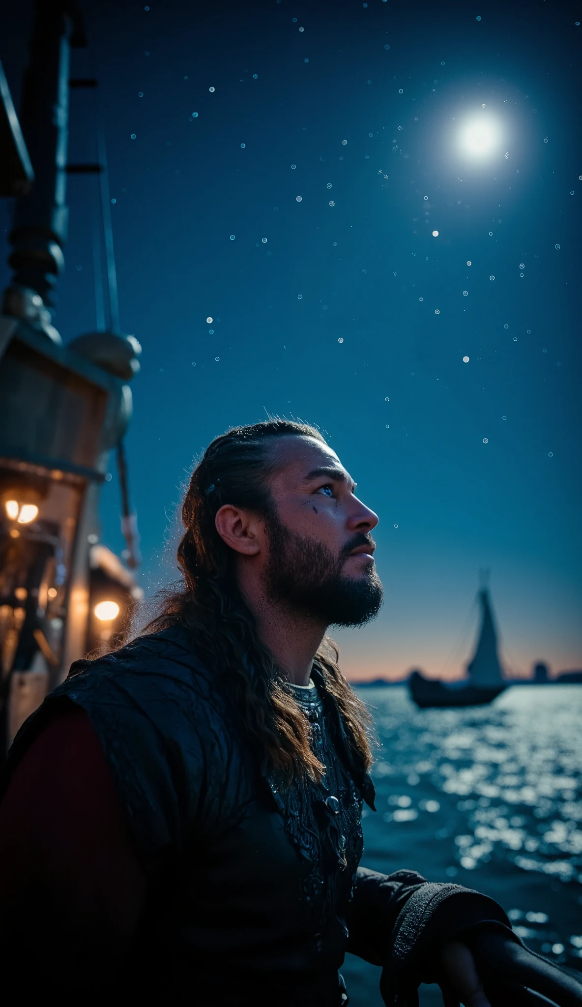 Cinematic film still A VIKING navigator on the deck of a LONGSHIP, looking up at the STARS on a clear night. The sky is filled with CONSTELLATIONS and a BRIGHT NORTH STAR. The navigator's expression is one of FOCUS and contemplation, embodying the SPIRIT of exploration and the quest for NEW LANDS, shallow depth of field, vignette, highly detailed, high budget, bokeh, cinemascope, moody, epic, gorgeous, film grain, grainy