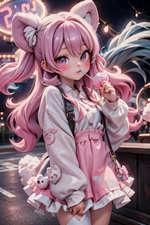 a cute girl eating cotton candy at an amusement park at night