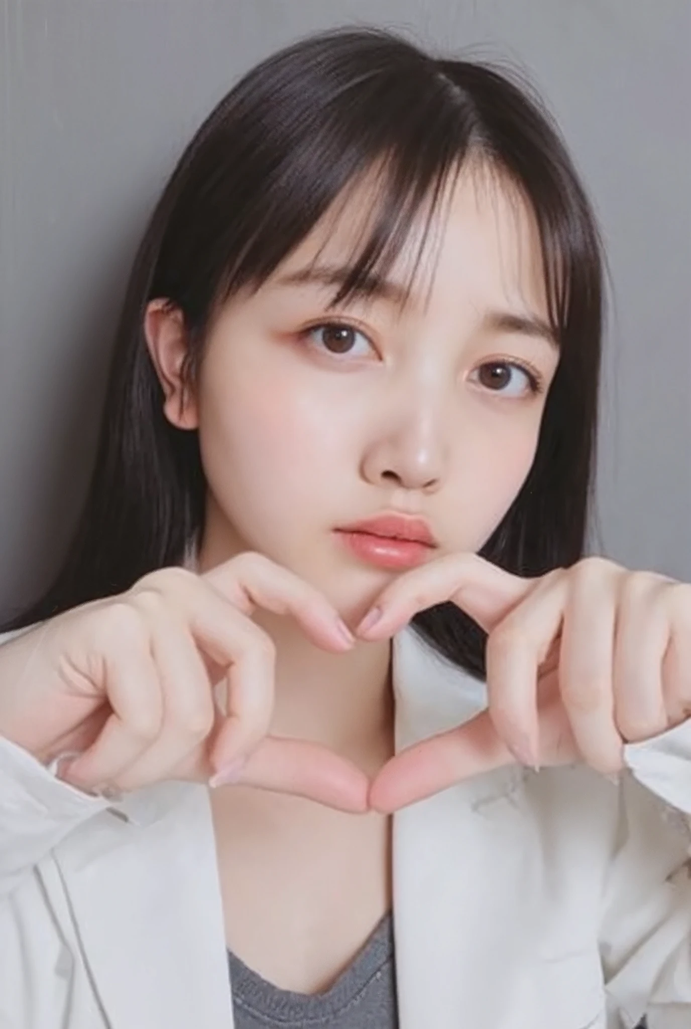 Use your hands to make a heart shape and smile brisly:2.0、Instagrammable:1.2 (Ultra-Accurate Human Anatomy, Best Quality、RAW Photos、8k、32K、masterpiece、Realistic、 photoreal:1.37)、Cute Japanese women images、Tank tops、Photographed in natural light、 upper body、1 girl、Photo Mapping、 Physically Based Rendering、Excellent image quality、 high res、1080P、(Beautiful Face)、(Detailed description of the face)、(Detailed explanation of the hand setter&#39;s muscle area)、(Detailed CG)、Rich details、(Stunning Features:1.35)、(Detailed eyes)、I look forward to your eyes、Delicate clavicle、Various poses、非常にリアルで詳細な若い女性の upper bodyポートレート。The skin is clear、A soft light reflects off the high points of the cheeks.、Fine pores and hair follicles、Even the thinnest blood vessels are visible。The skin is smooth、A natural flush to the cheeks、Gives off a healthy glow。The eyes are large and clear blue、The iris has a fine pattern、The light reflects off your eyes and shines。There is a slight shadow under the eye、Eyelashes are long and naturally curled。Her lips are a soft pink color、Smooth texture and natural shine、Reflects light slightly。The woman is wearing a simple white top.、The background is a faint monochromatic gradient.、焦点は完全に顔と upper bodyに当たっている。Realistic shadows and textures、The depiction is like a photograph.。
