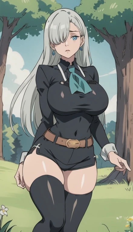 Silver hair, blue eyes, light skin, maiden, black shorts with belt and buckle, thigh-high black stocking on right leg, turquoise earrings, hand touching blue bow, (covered eye by hair:1.5), Elizabeth, forest, grass, tree, huge breasts