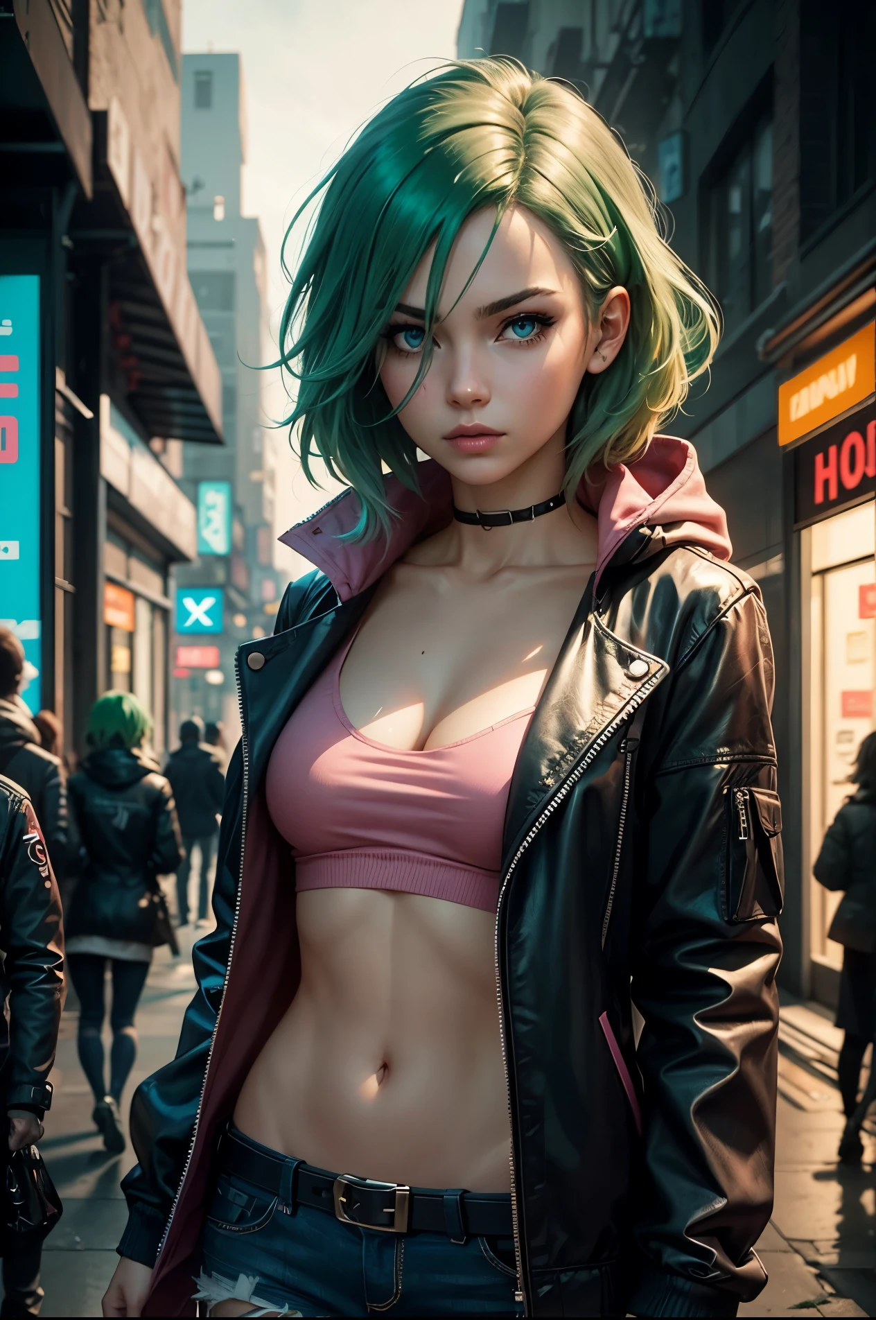  (La Best Quality,A high resolution,Ultra - detailed,actual),Kefla [Dragon Ball Super),(full green hair :1.4) , black crop top, (shiny white tights/shackles:1.4),,(Cyberpunk ruined dungeon ruins background :1.4 ), More detailed 8K.unreal engine:1.4,UHD,La Best Quality:1.4, photorealistic:1.4, skin texture:1.4, masterpiece:1.8,first work, Best Quality,object object], (detailed face features:1.3),(The correct proportions),(Beautiful blue eyes:1.4 ),  (dynamic cowboy pose), (Kefla Dragon Ball Super:1.4), (Perfect anatomy :1.4),( cinematic lighting :1.4), (Kefla Dragon Ball Super V2.1),( background thunder falling rain water cloudy :1.4), (Face details: 1.5, bright blue eyes, beautiful face, pretty eyes, Iris contour, thin lips: 1.5, Thin, sharp pale eyebrows, Long, dark eyelashes, double tabs),